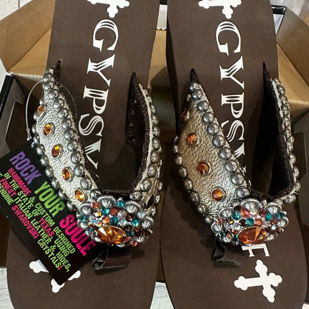 Embellished Wedge Thong Sandals - Brown/Gold - Picture 2 of 7